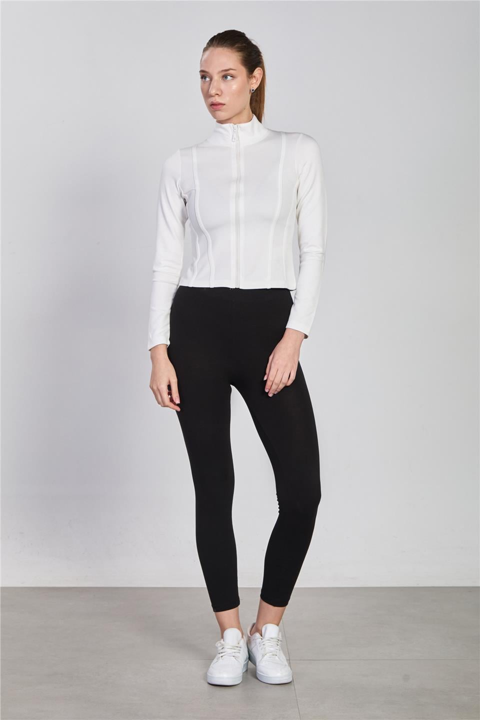 Biyeli fermuarlı uzun kol body-2557 Beyaz