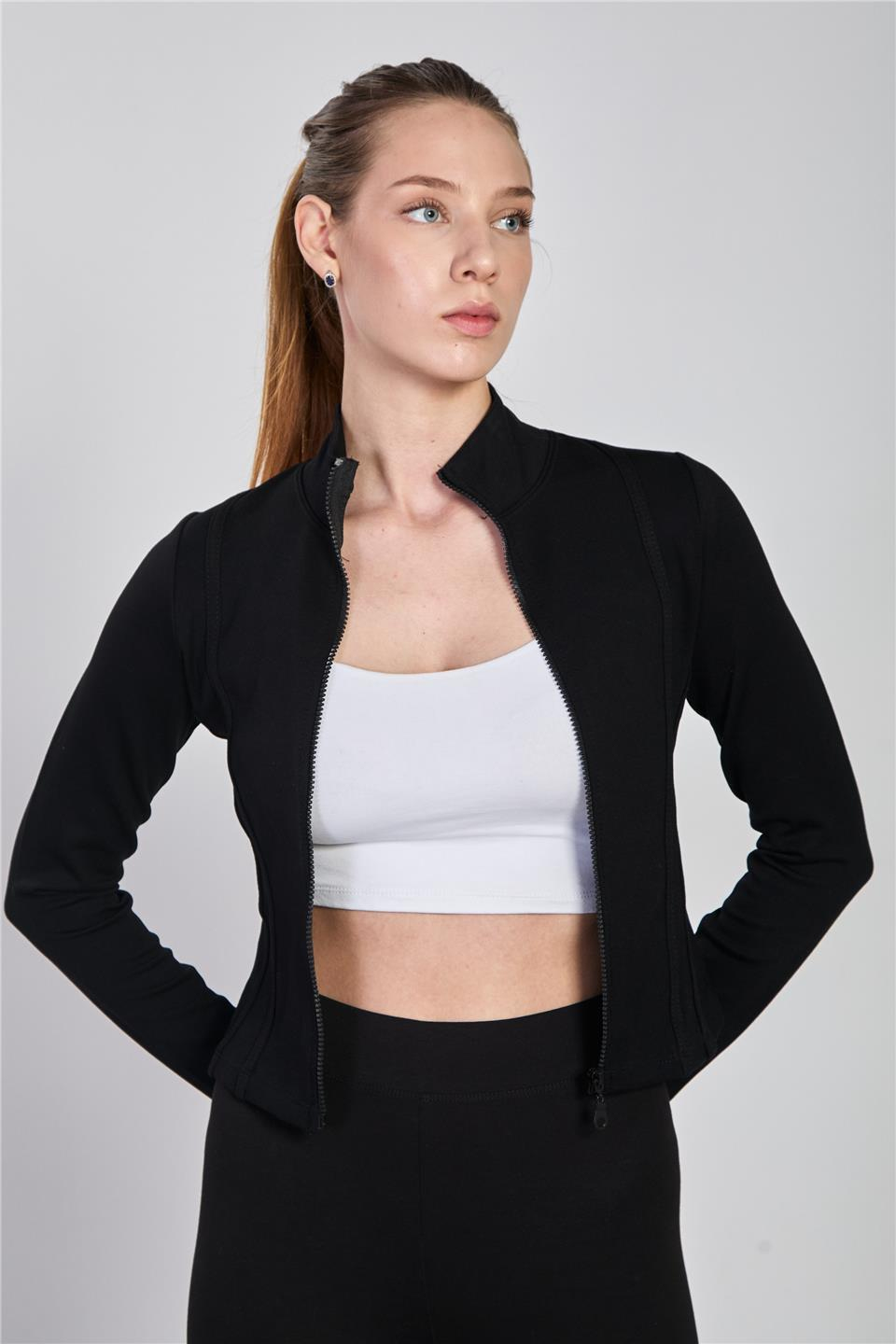 Biyeli fermuarlı uzun kol body-2557 Siyah