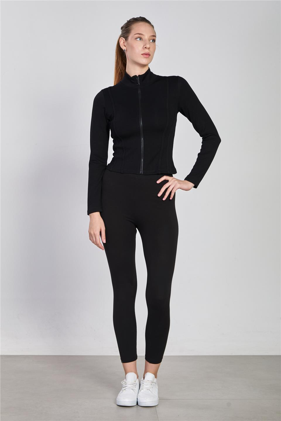 Biyeli fermuarlı uzun kol body-2557 Siyah