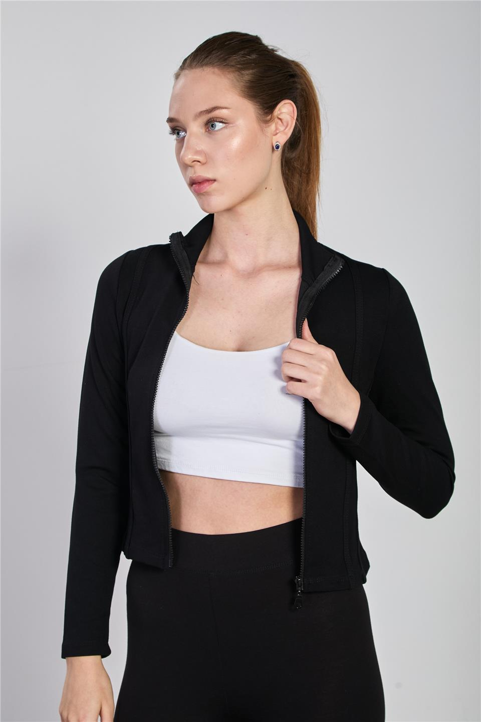 Biyeli fermuarlı uzun kol body-2557 Siyah