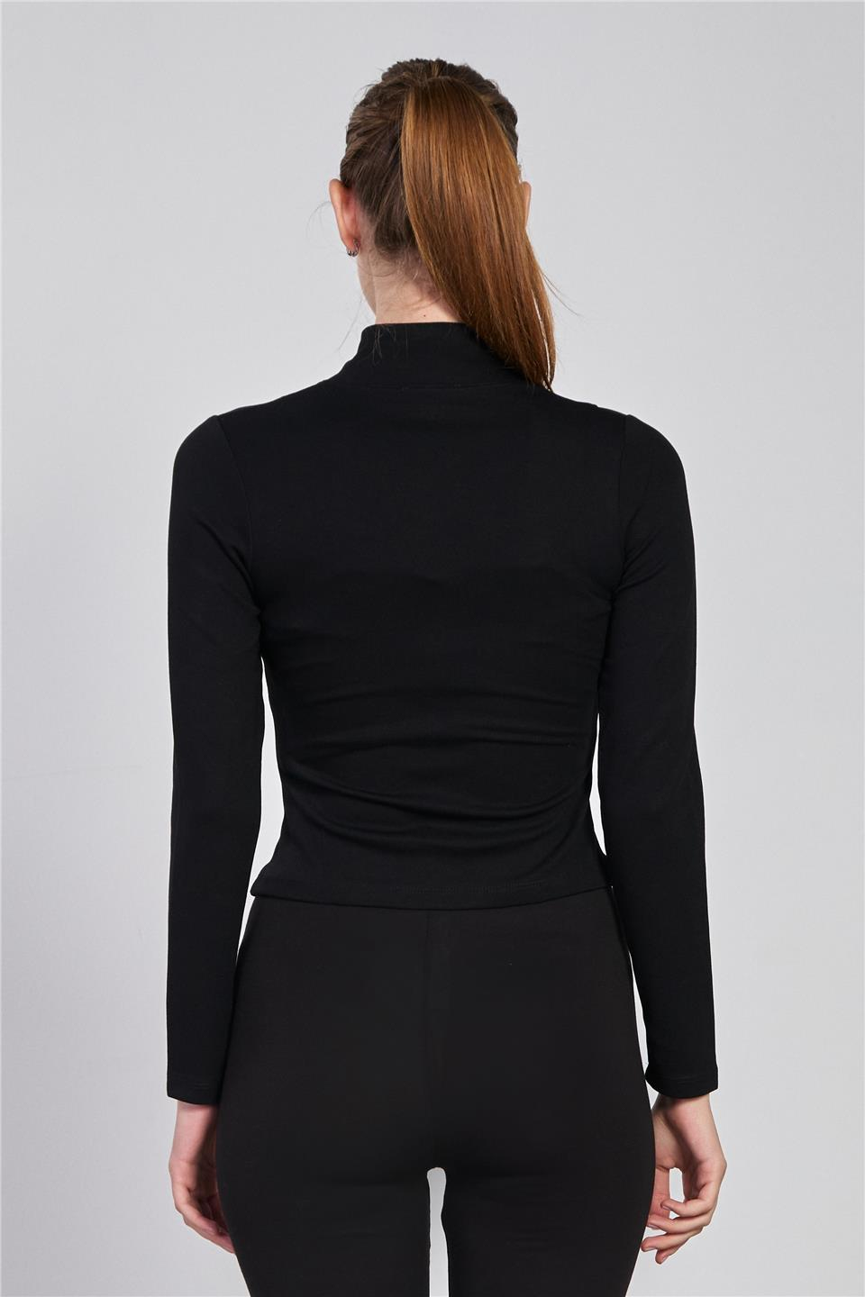 Biyeli fermuarlı uzun kol body-2557 Siyah