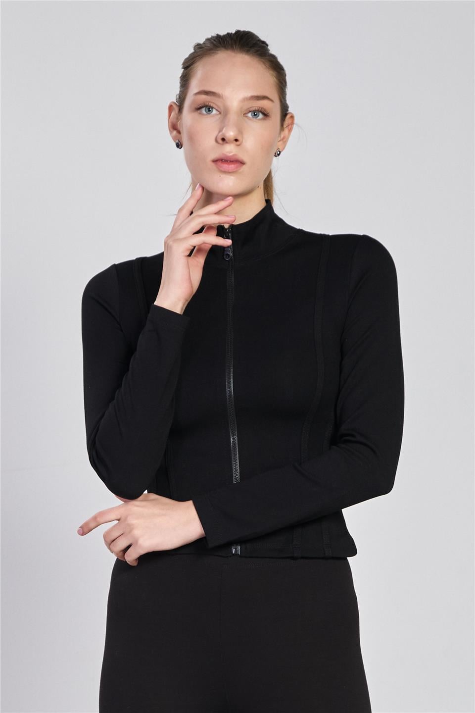 Biyeli fermuarlı uzun kol body-2557 Siyah