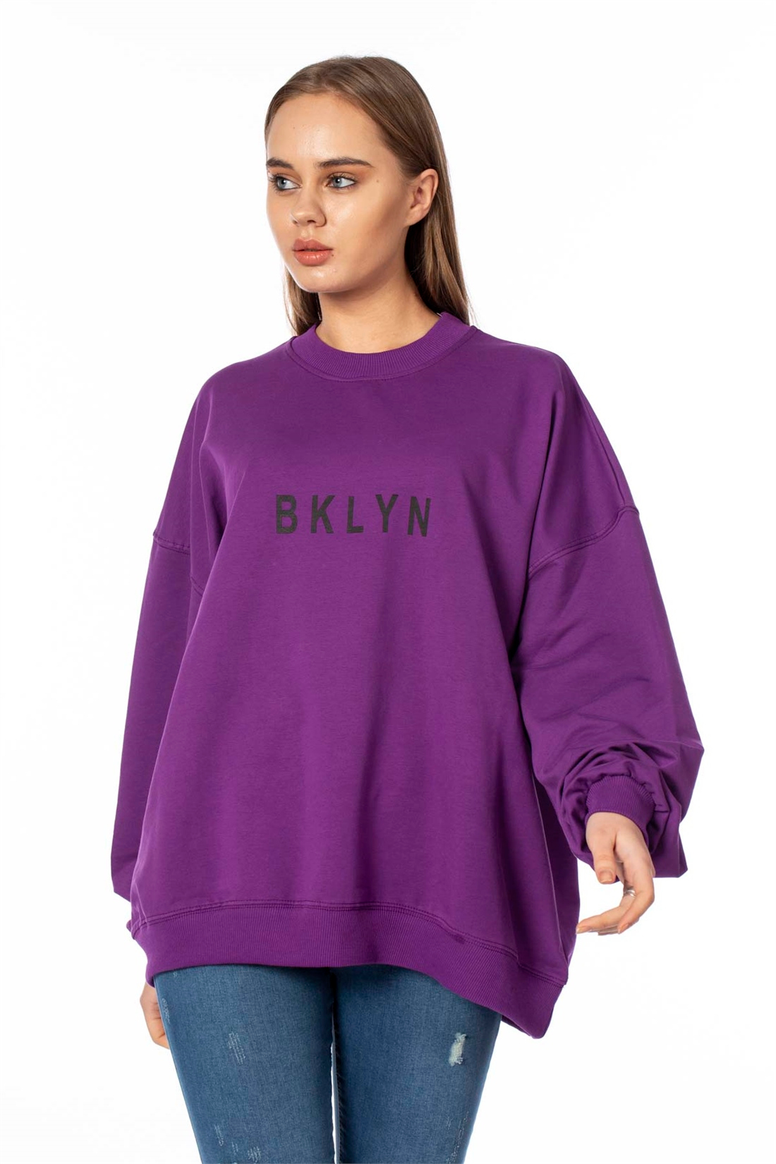 Bklyn Baskılı Salaş Sweatshirt-Mor