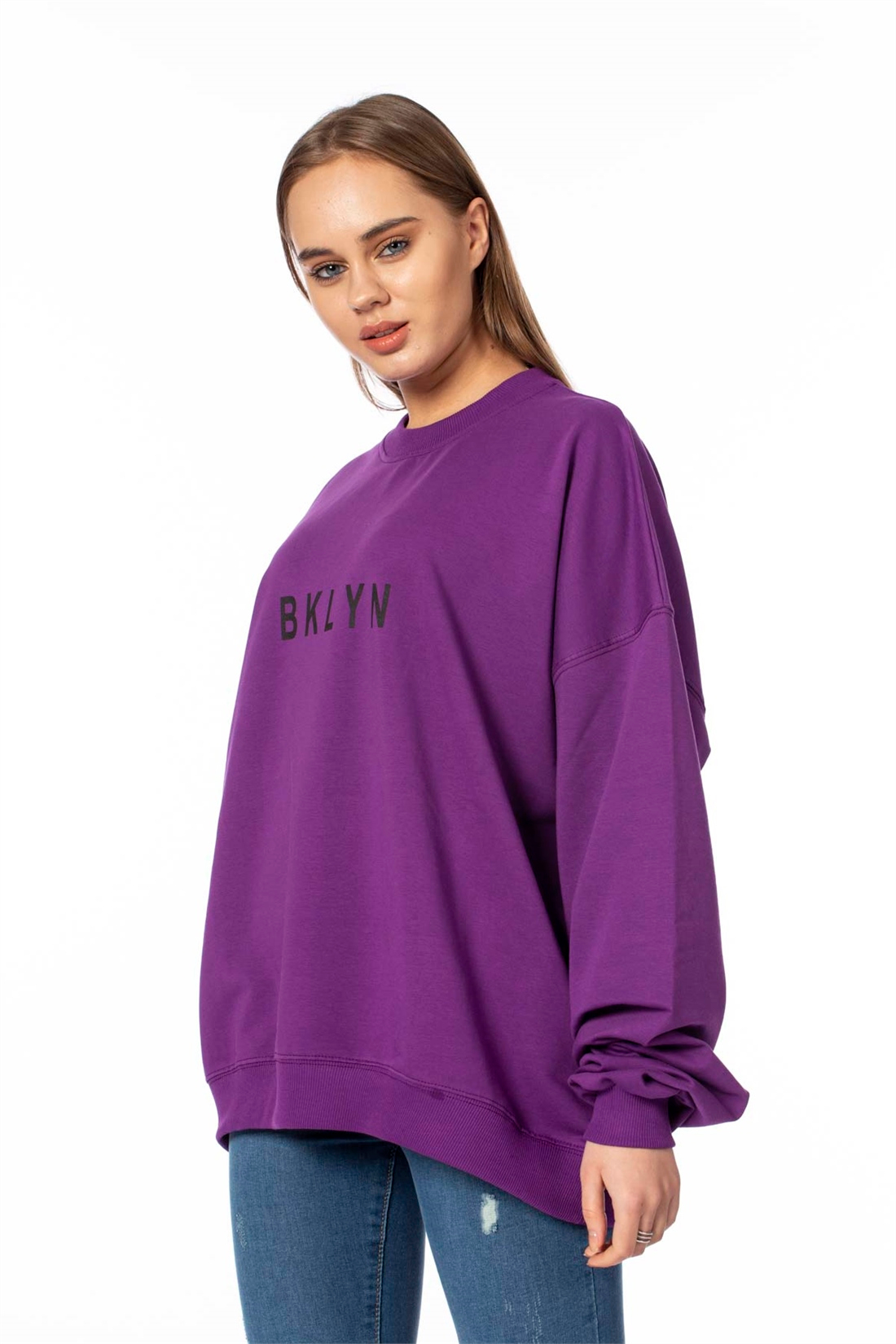 Bklyn Baskılı Salaş Sweatshirt-Mor