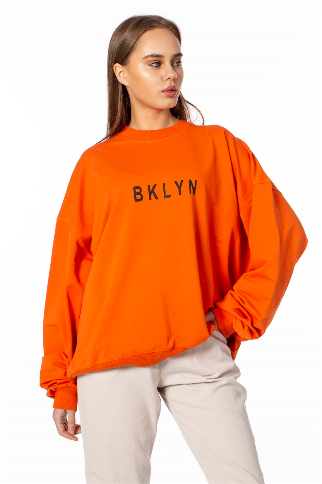 Bklyn Baskılı Salaş Sweatshirt-Oranj