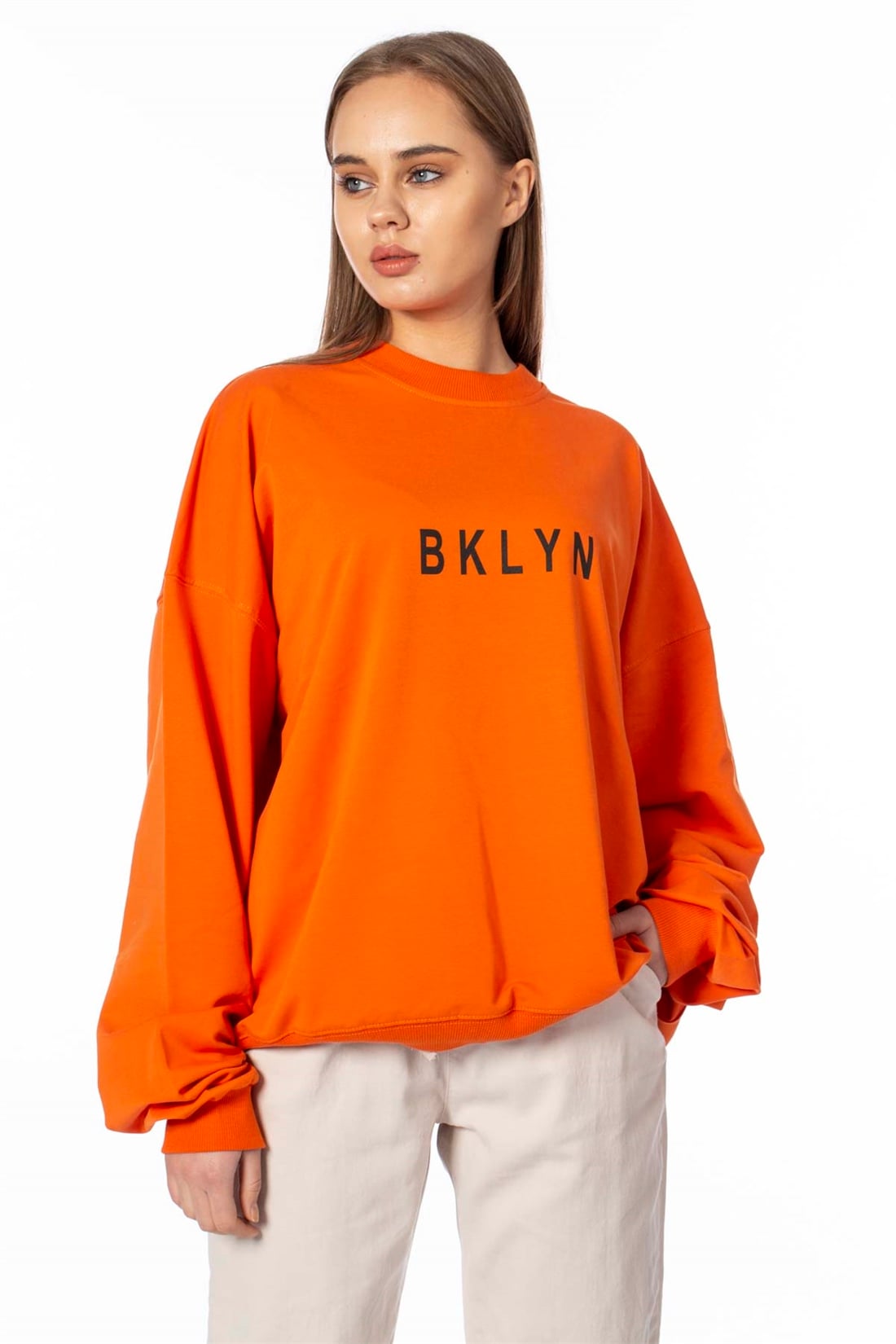 Bklyn Baskılı Salaş Sweatshirt-Oranj