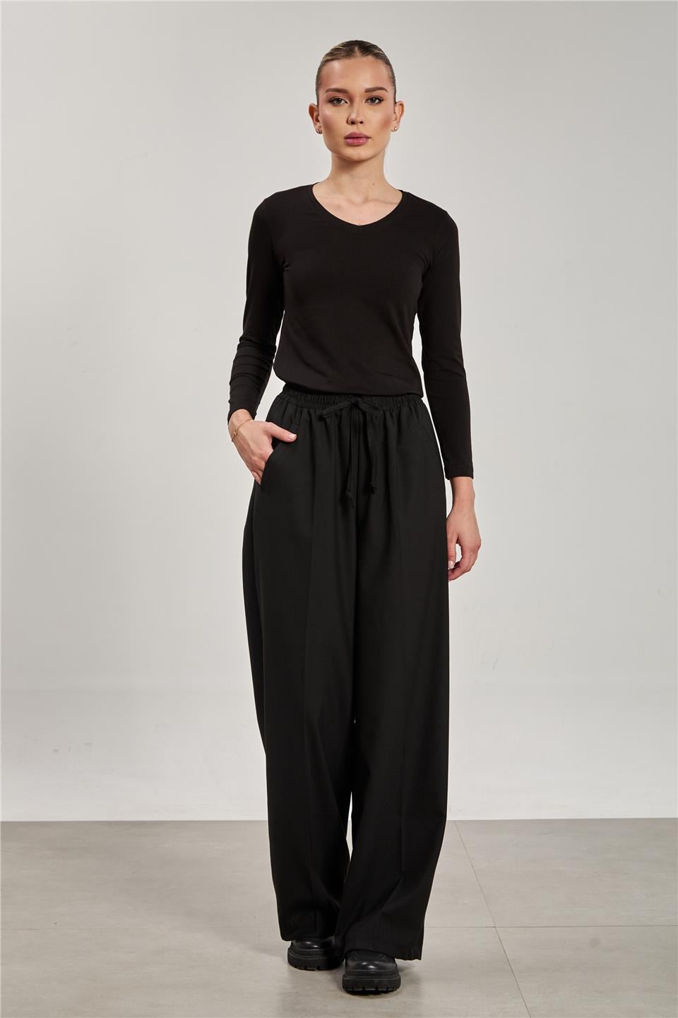 Bol paça palazzo pantolon-3383 Siyah