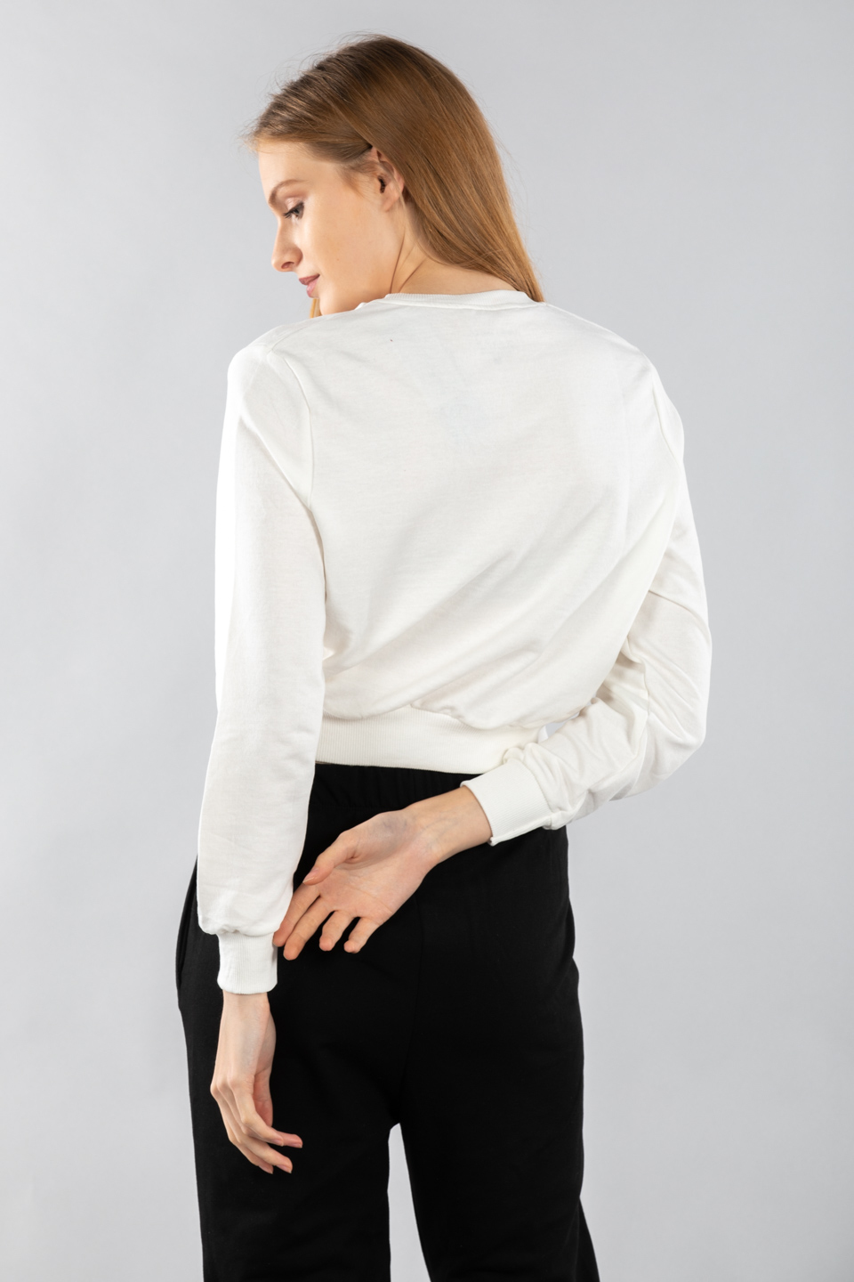 Boston baskılı kısa sweatshirt-2157-1 Ekru