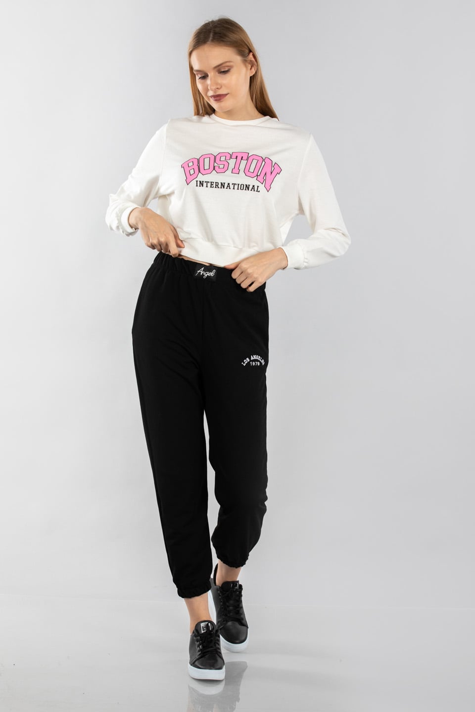 Boston baskılı kısa sweatshirt-2157-1 Ekru