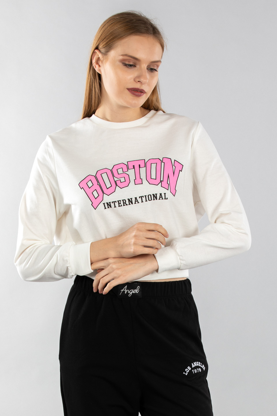 Boston baskılı kısa sweatshirt-2157-1 Ekru