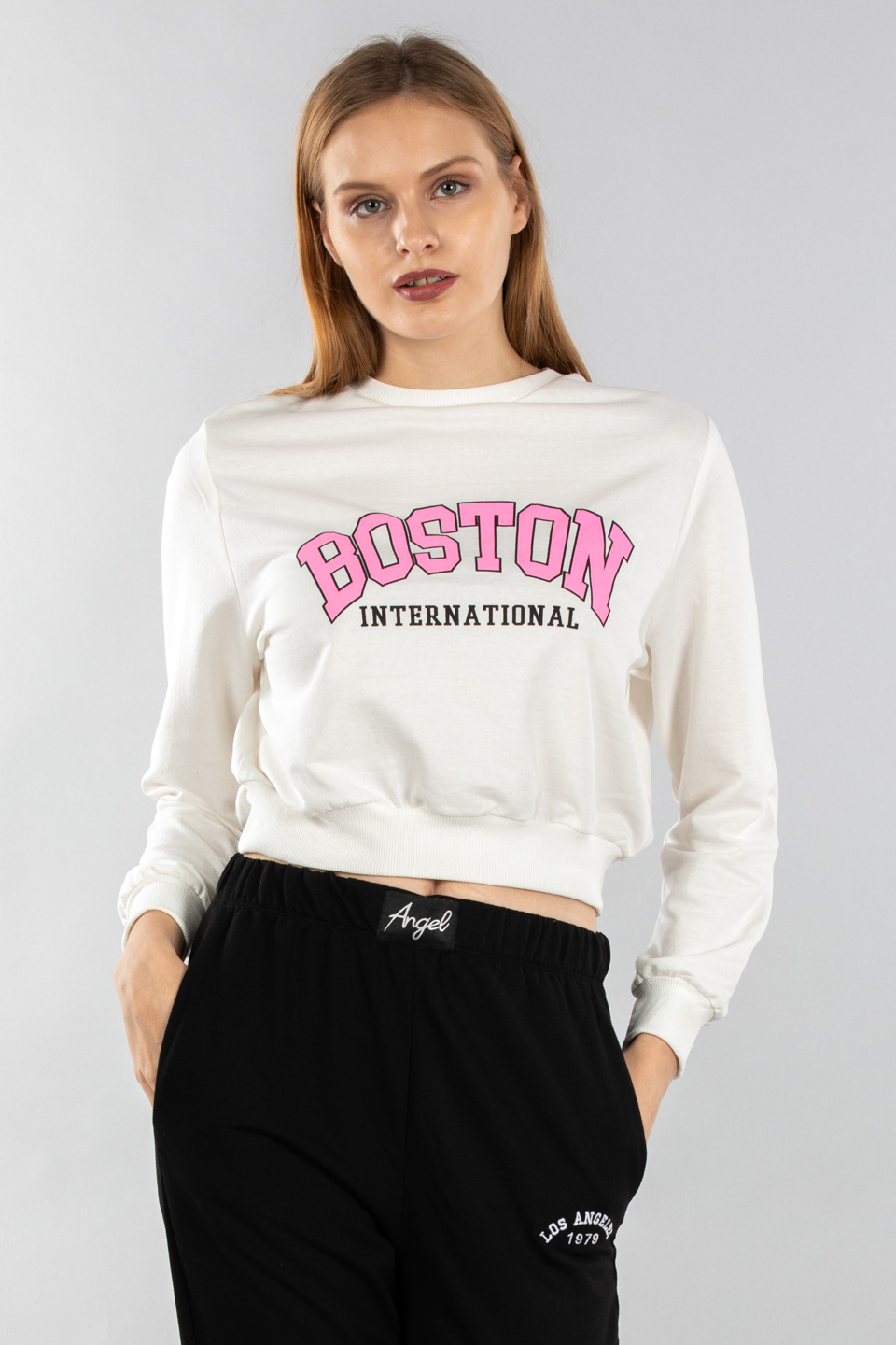 Boston baskılı kısa sweatshirt-2157-1 Ekru