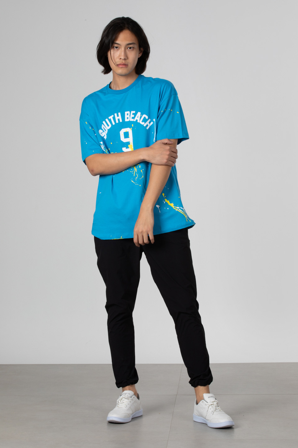 Boya baskılı oversize t-shirt-1030 Mavi