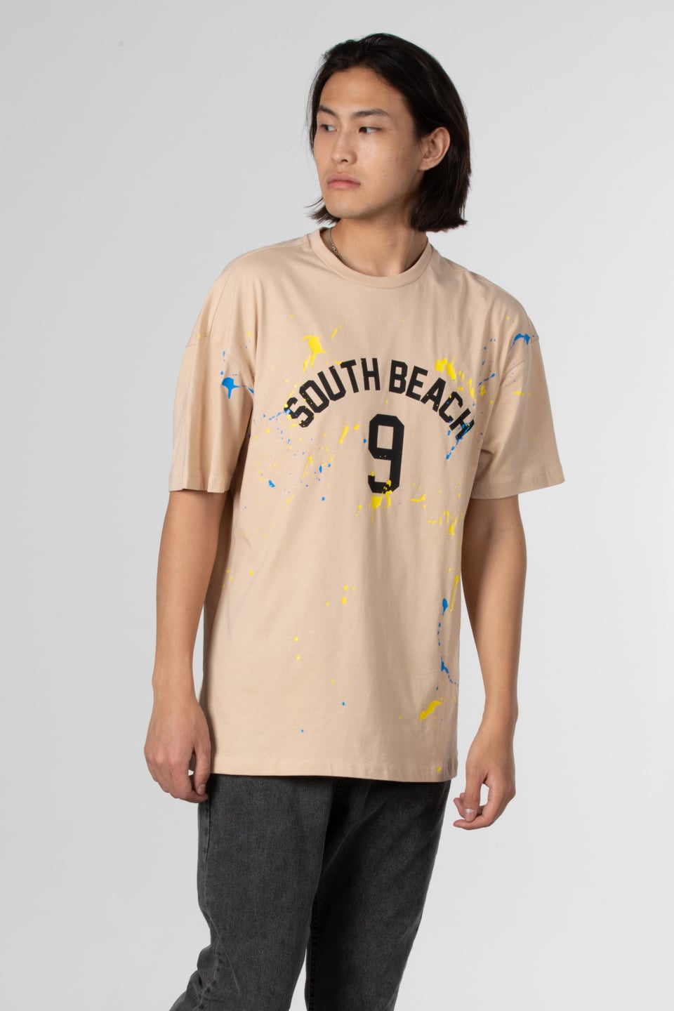 Boya baskılı oversize t-shirt-1030 Taş