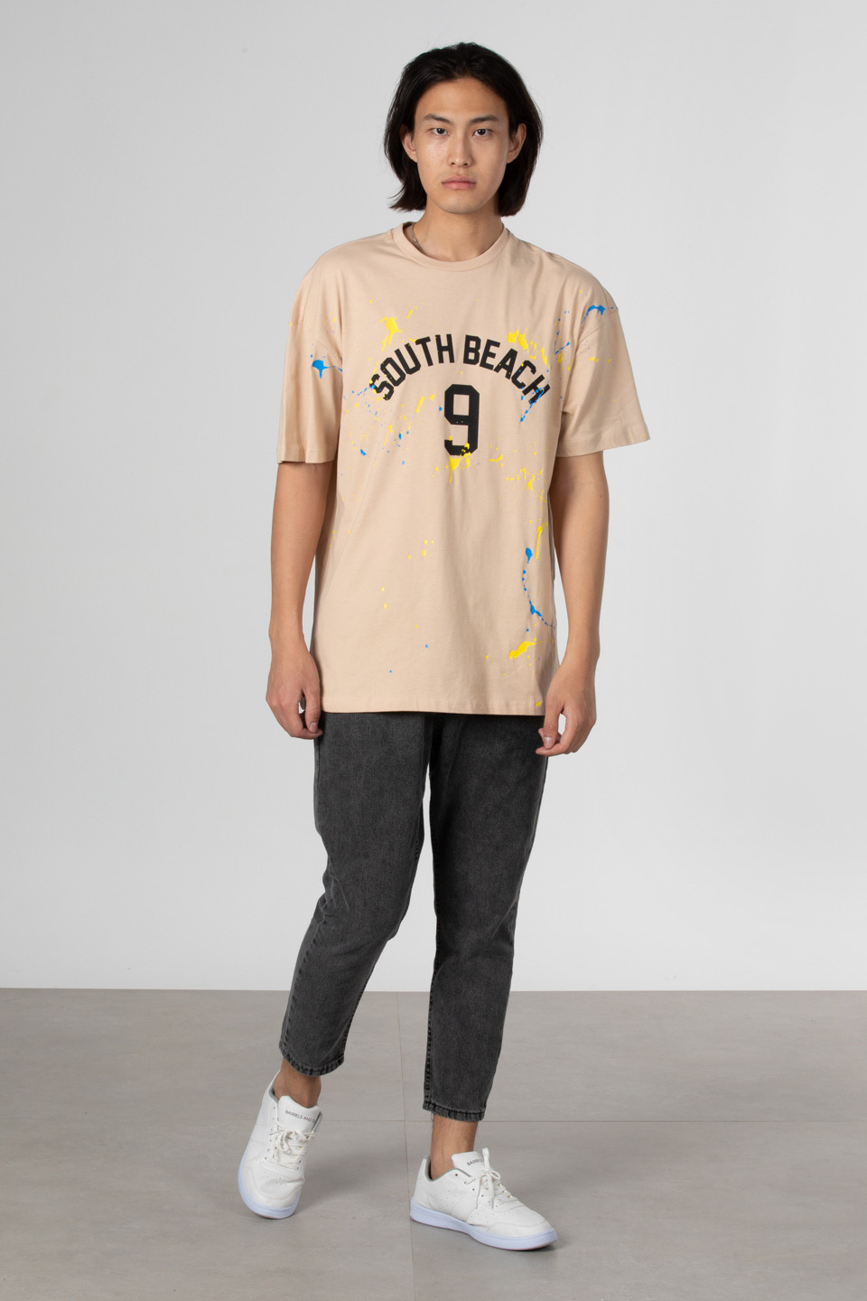 Boya baskılı oversize t-shirt-1030 Taş