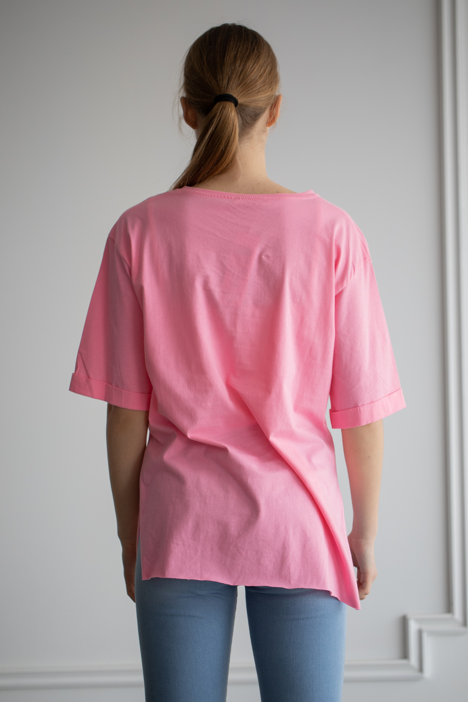 Brooklyn baskılı yandan yırtmaçlı t-shirt-6265 Pembe