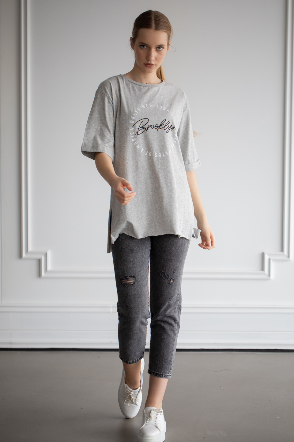 Brooklyn baskılı yandan yırtmaçlı t-shirt-6265 Gri M.