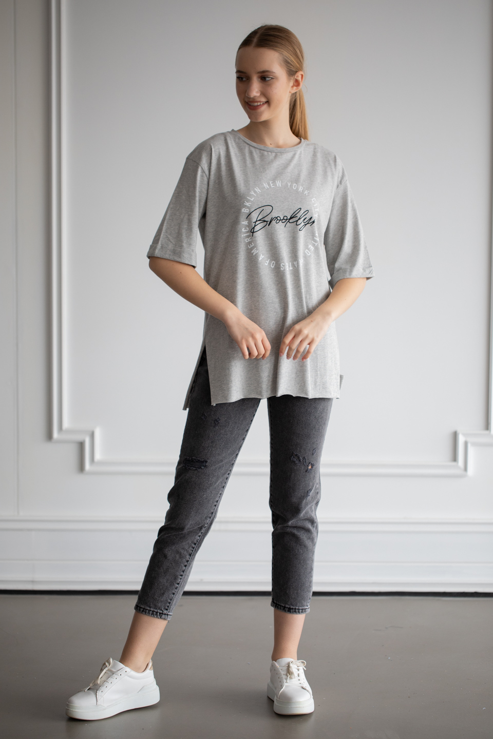 Brooklyn baskılı yandan yırtmaçlı t-shirt-6265 Gri M.
