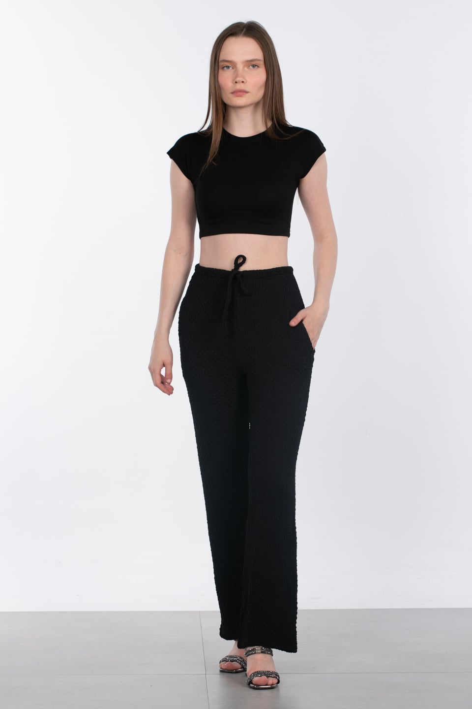 Bubble beli lastikli pantolon-2270 Siyah