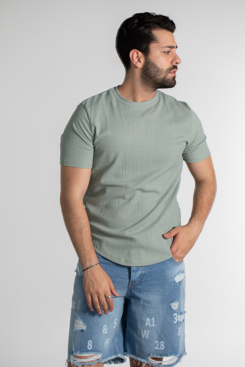 Bürümcük kumaş bisiklet yaka t-shırt-8021 S.Mint Yeşil