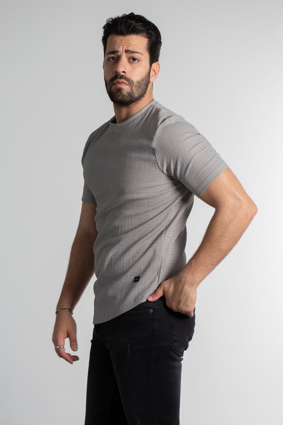 Bürümcük kumaş bisiklet yaka t-shırt-8021 Taş