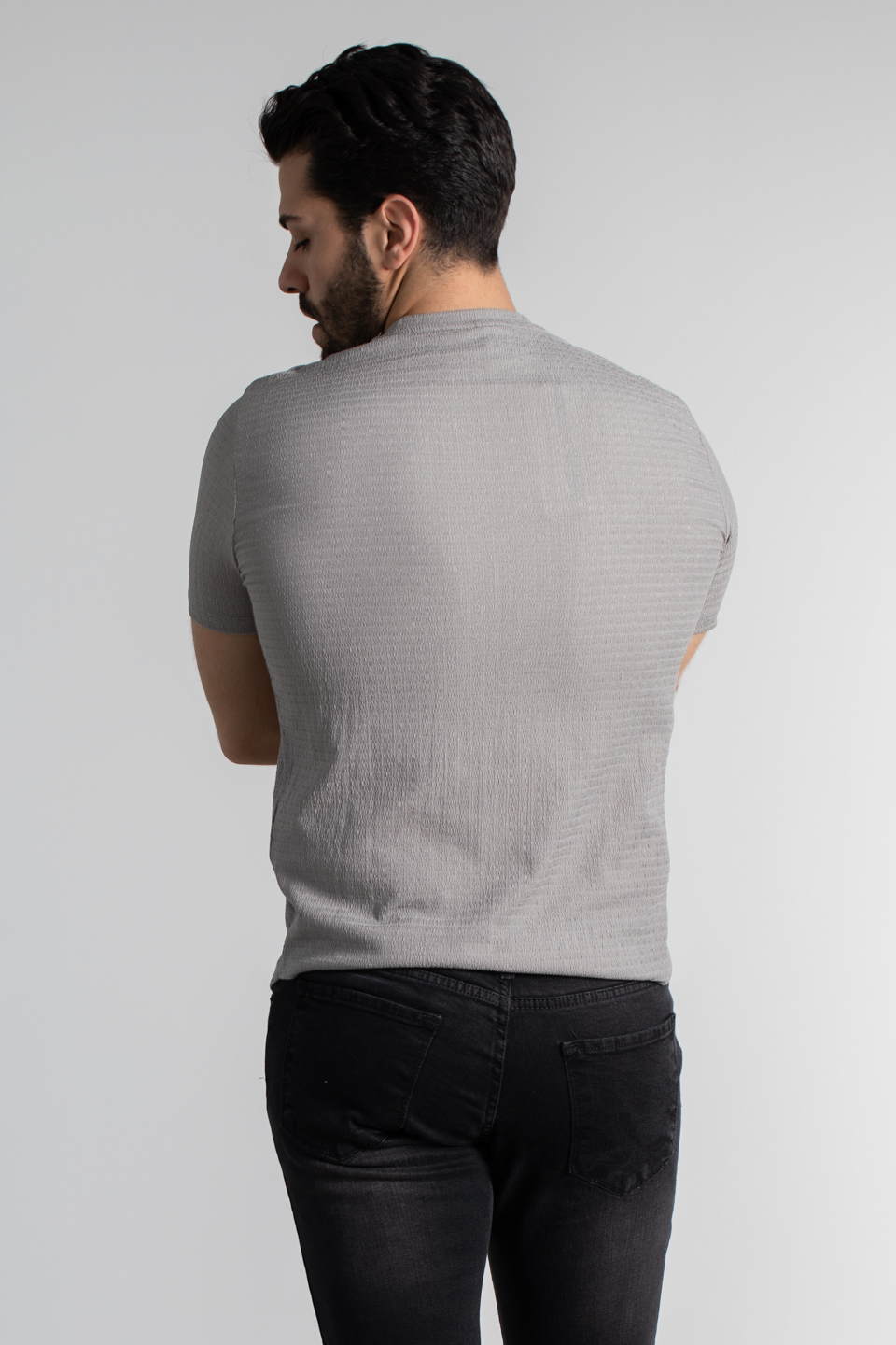 Bürümcük kumaş bisiklet yaka t-shırt-8021 Taş