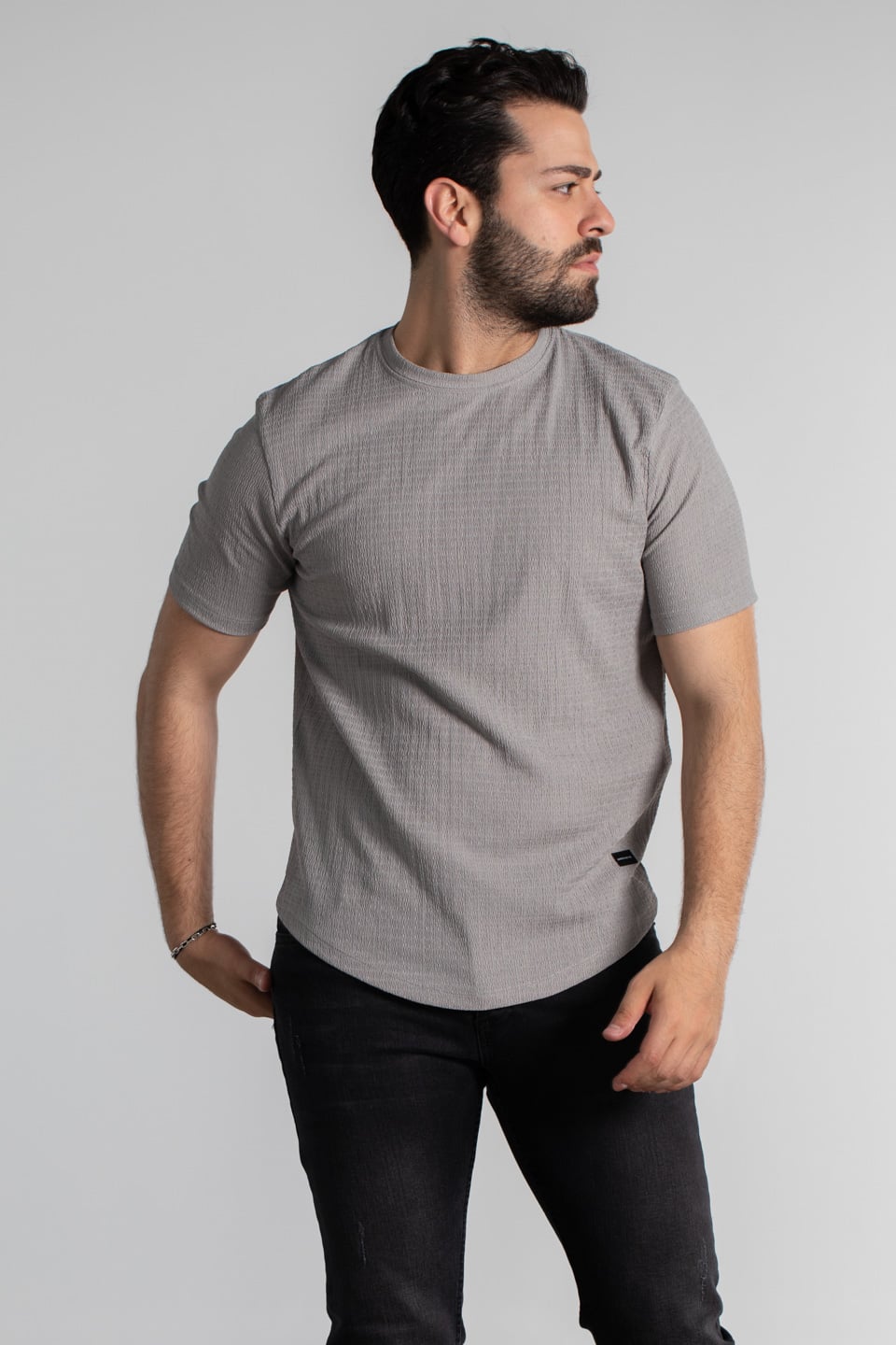 Bürümcük kumaş bisiklet yaka t-shırt-8021 Taş