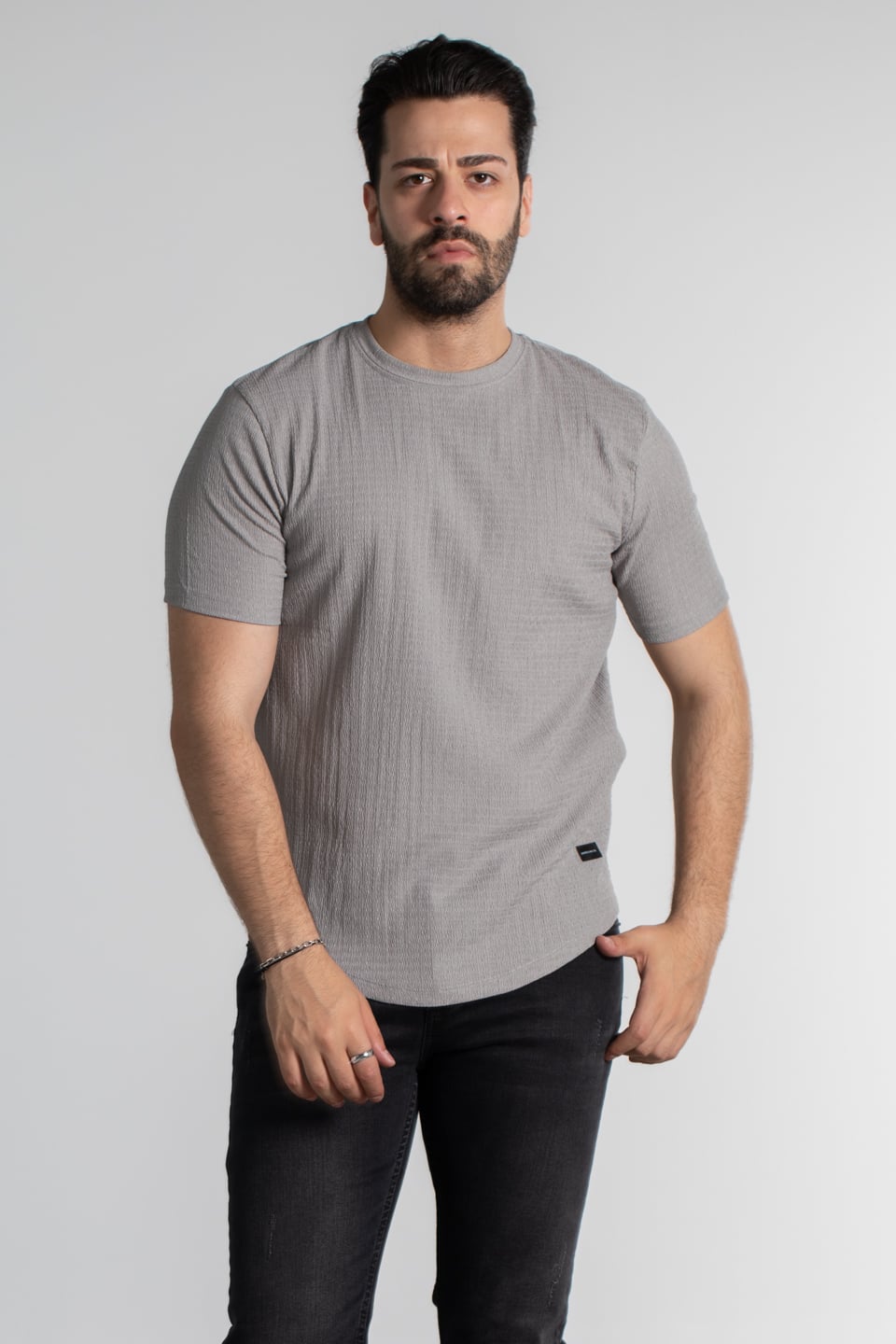 Bürümcük kumaş bisiklet yaka t-shırt-8021 Taş