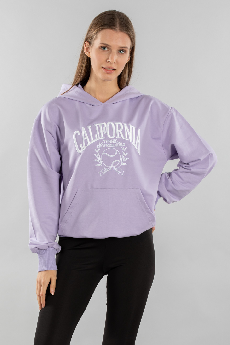 California nakışlı kapüşonlu sweatshırt-5021 Lila