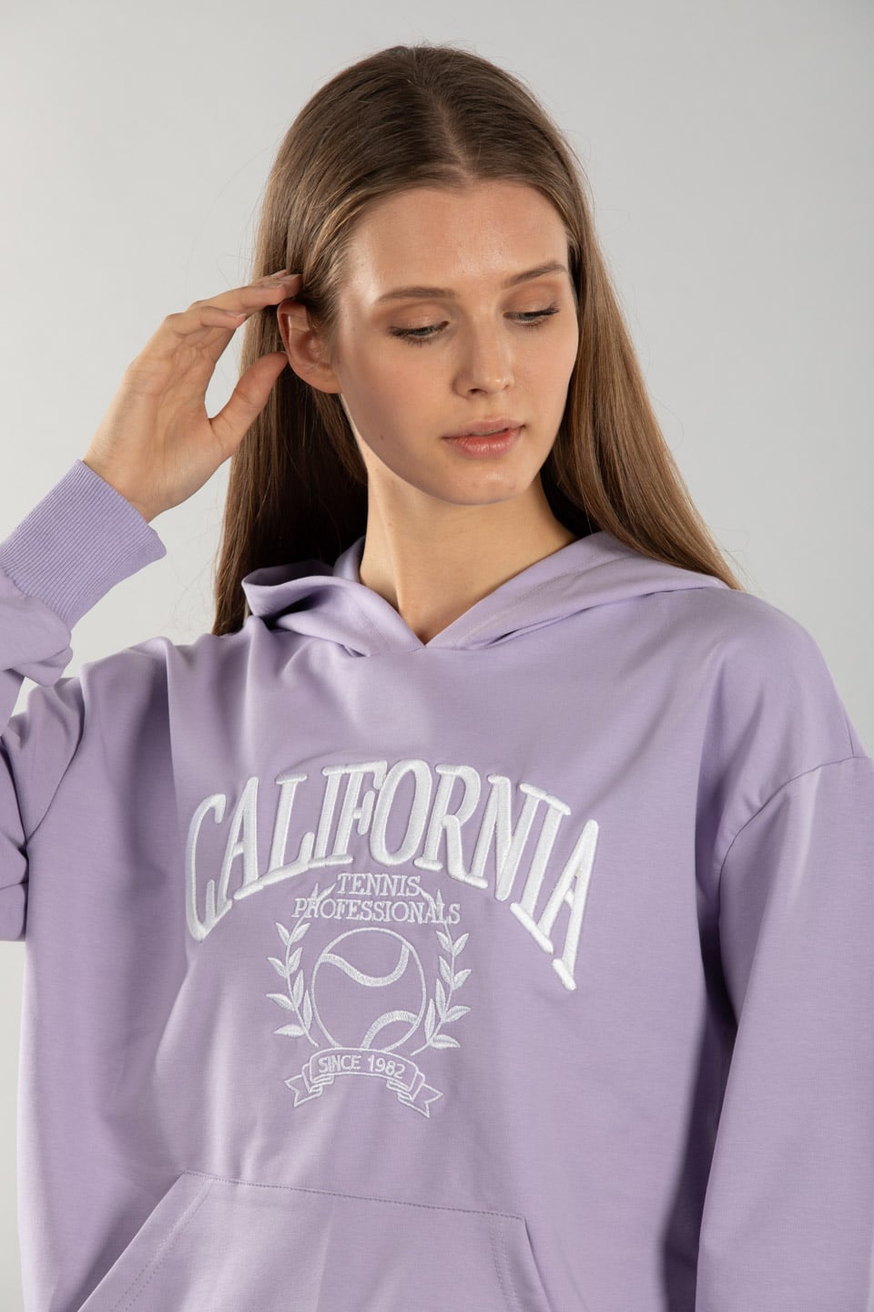 California nakışlı kapüşonlu sweatshırt-5021 Lila