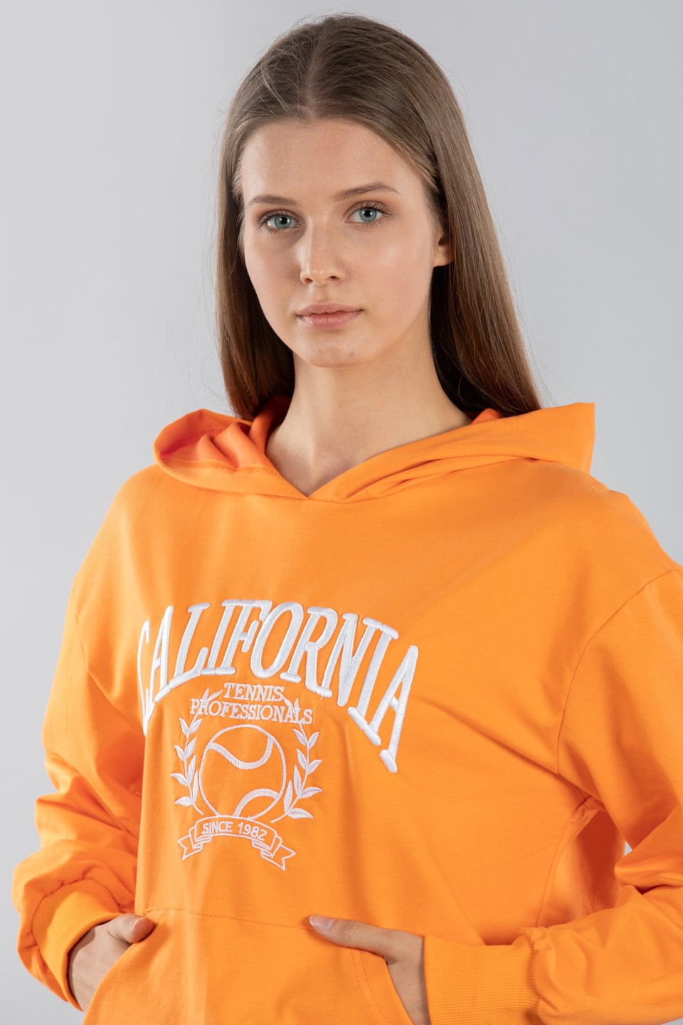 California nakışlı kapüşonlu sweatshırt-5021 Oranj