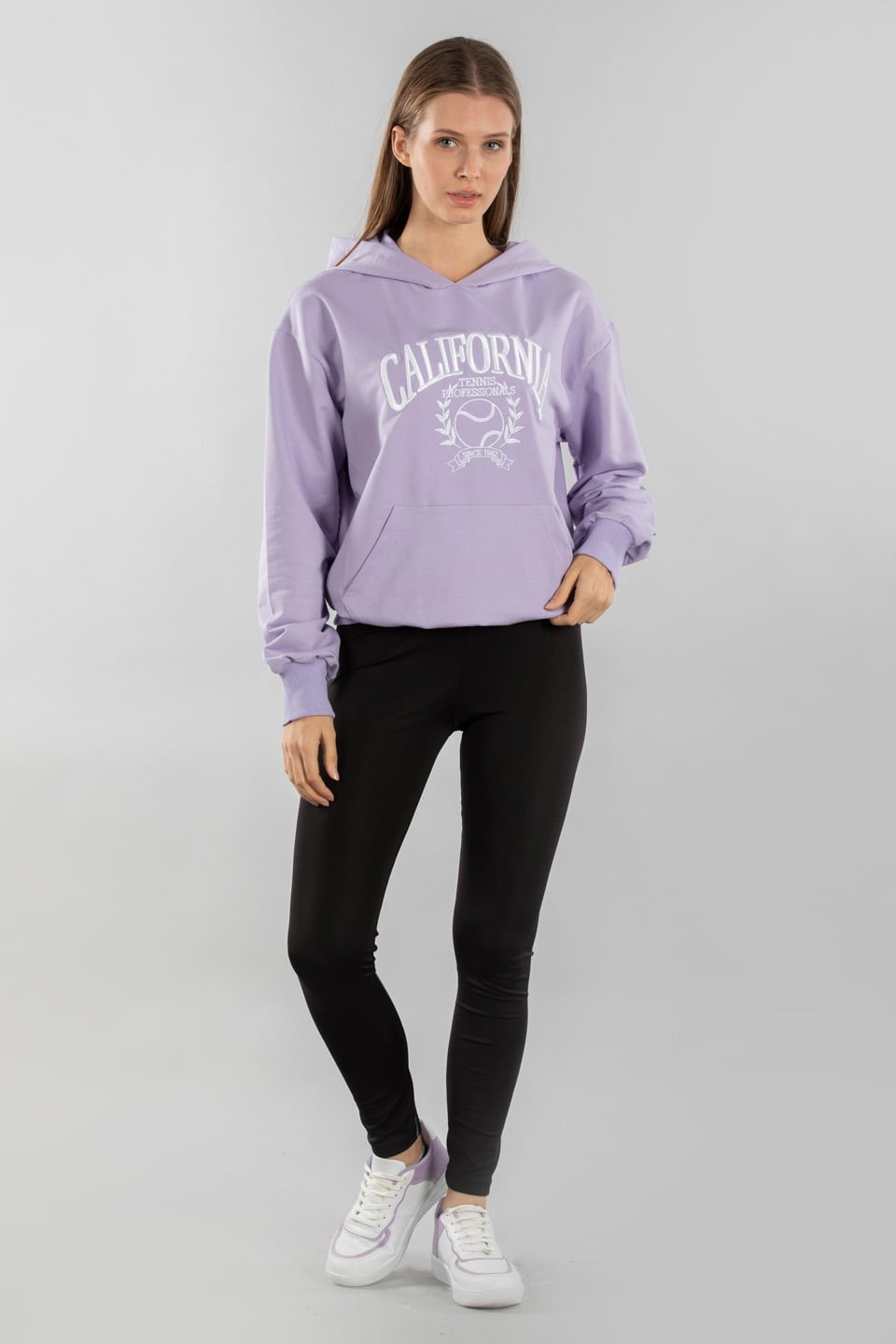 California nakışlı kapüşonlu sweatshırt-5021 Lila
