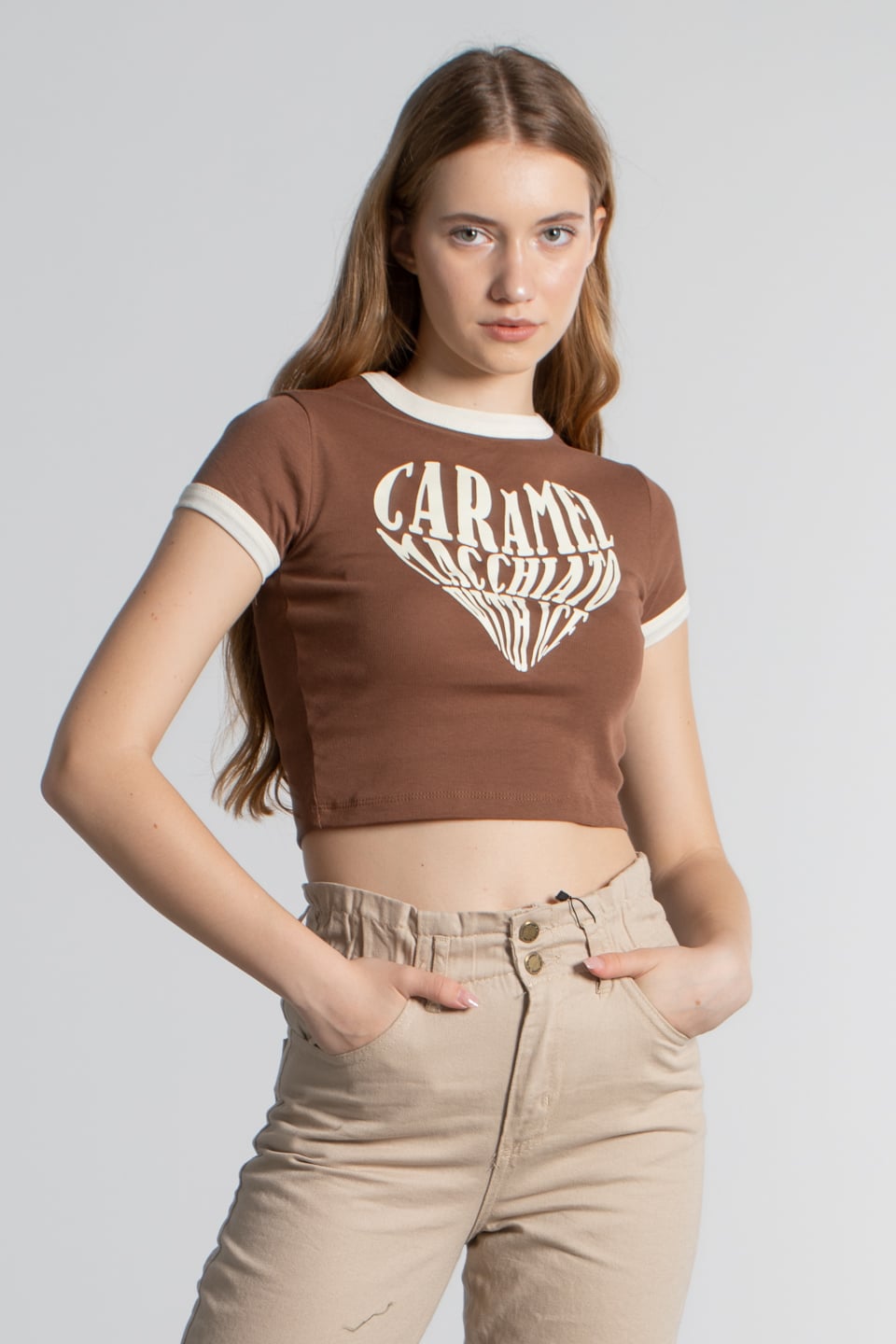 Caramel baskılı ribanalı t-shirt-4046 Kahve