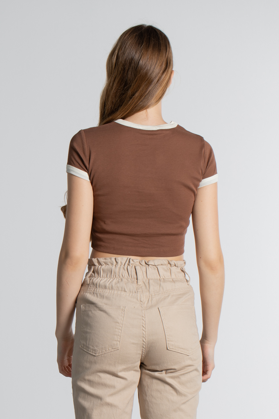 Caramel baskılı ribanalı t-shirt-4046 Kahve