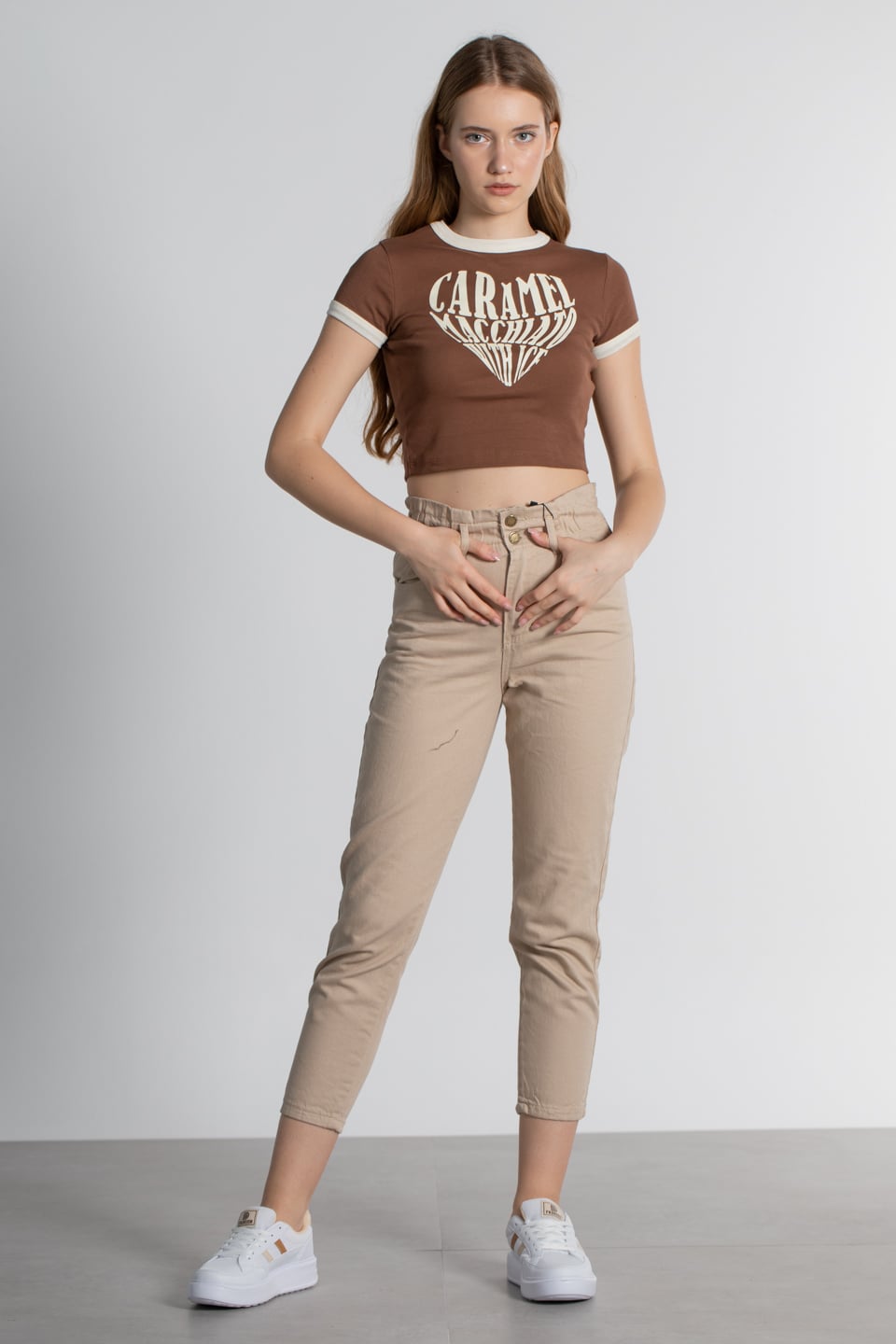 Caramel baskılı ribanalı t-shirt-4046 Kahve