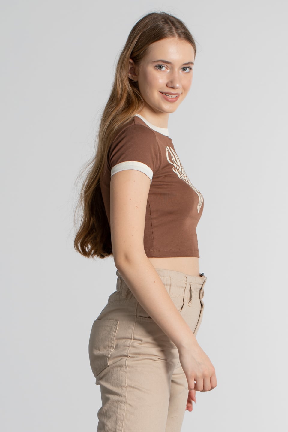 Caramel baskılı ribanalı t-shirt-4046 Kahve