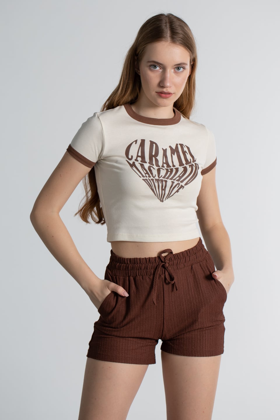 Caramel Baskılı Ribanalı T-Shirt - Kahve