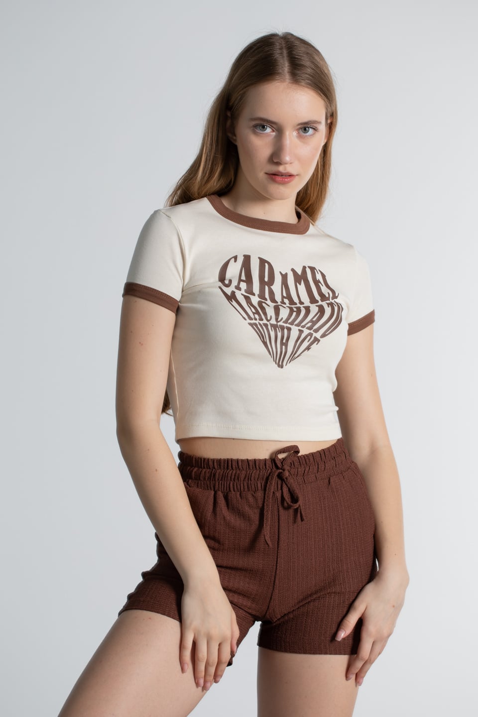 Caramel Baskılı Ribanalı T-Shirt - Kahve