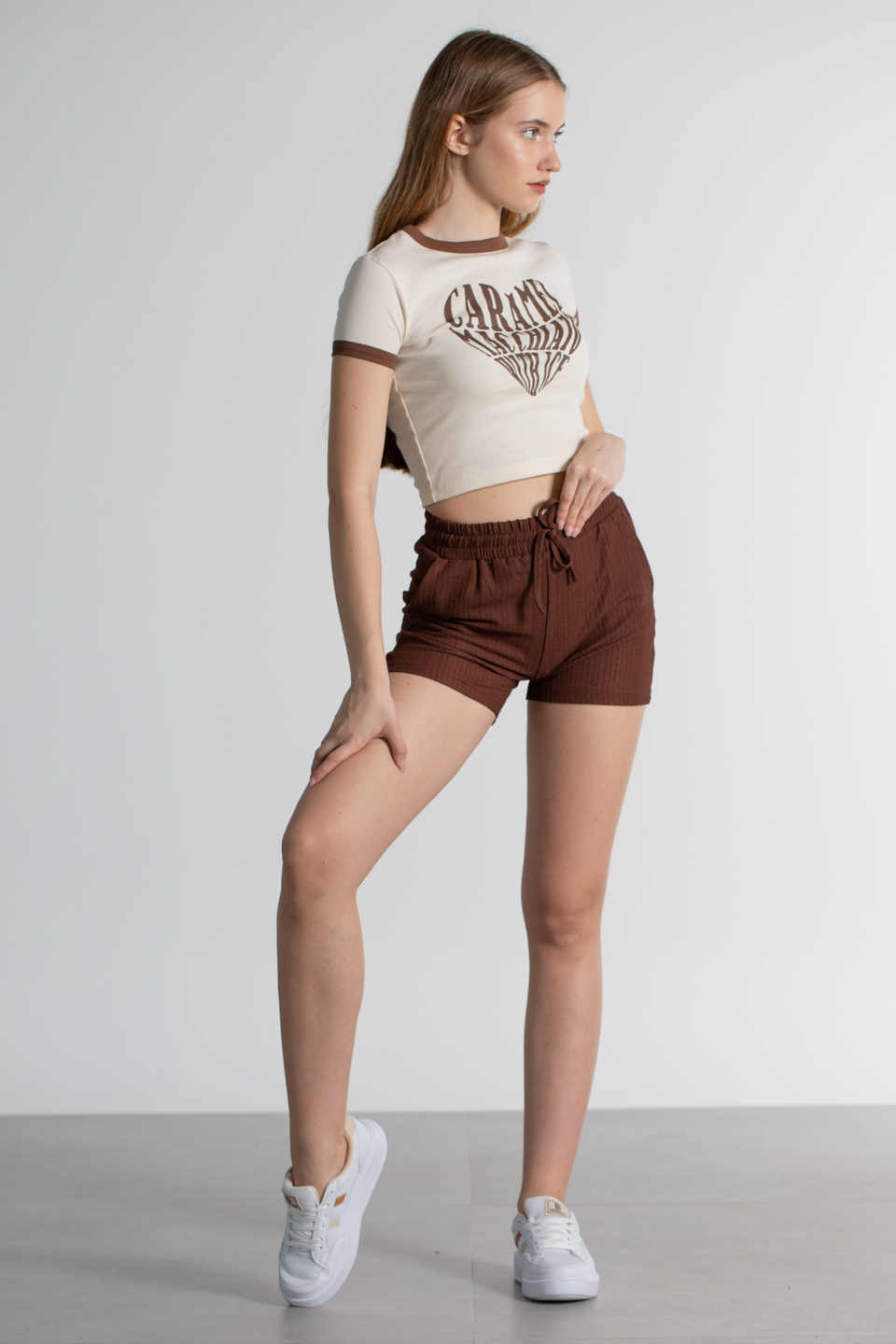 Caramel Baskılı Ribanalı T-Shirt - Kahve