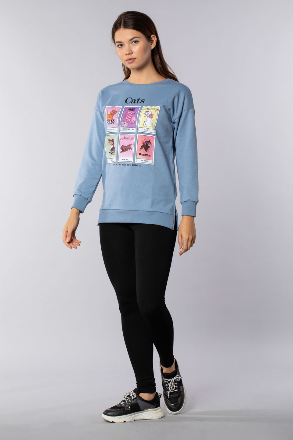 Cats baskılı tunik sweatshirt-4272 Mavi