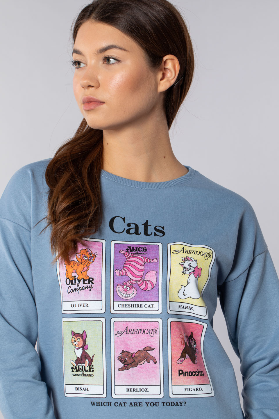 Cats baskılı tunik sweatshirt-4272 Mavi