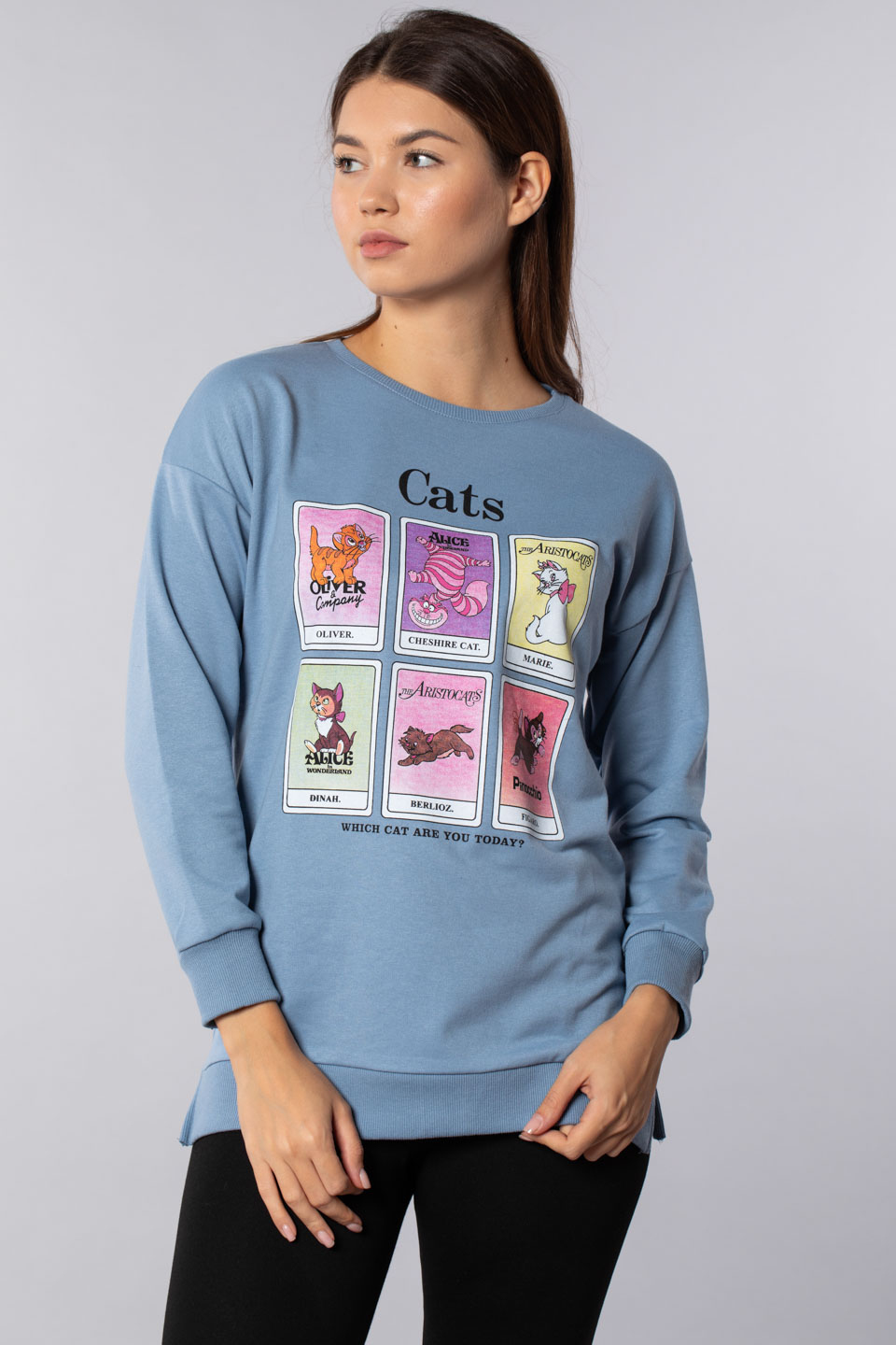 Cats baskılı tunik sweatshirt-4272 Mavi
