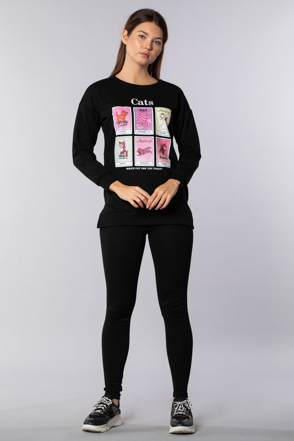 Cats baskılı tunik sweatshirt-4272 Siyah