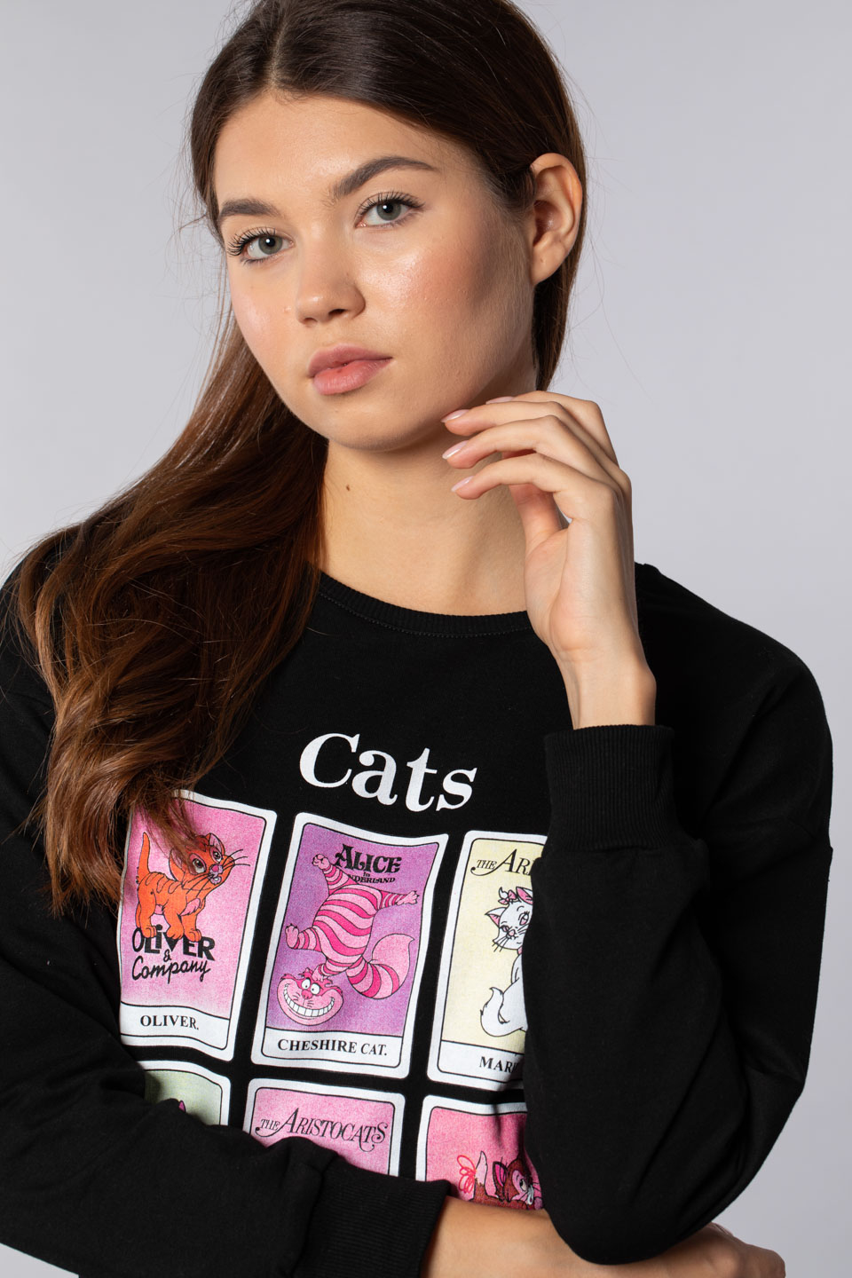 Cats baskılı tunik sweatshirt-4272 Siyah