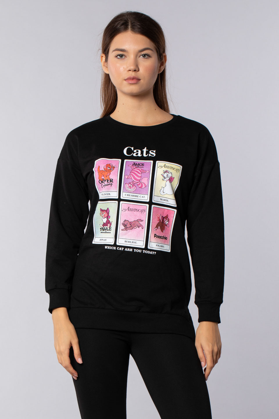 Cats baskılı tunik sweatshirt-4272 Siyah