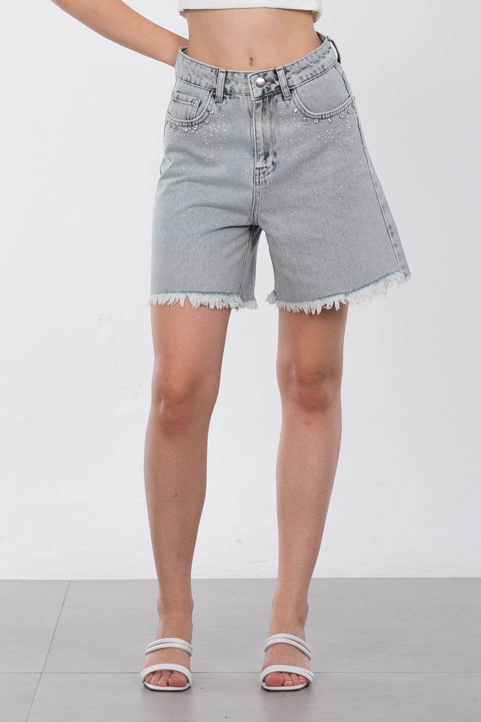 Cebi taşlı denim şort-C136 Buz Mavi