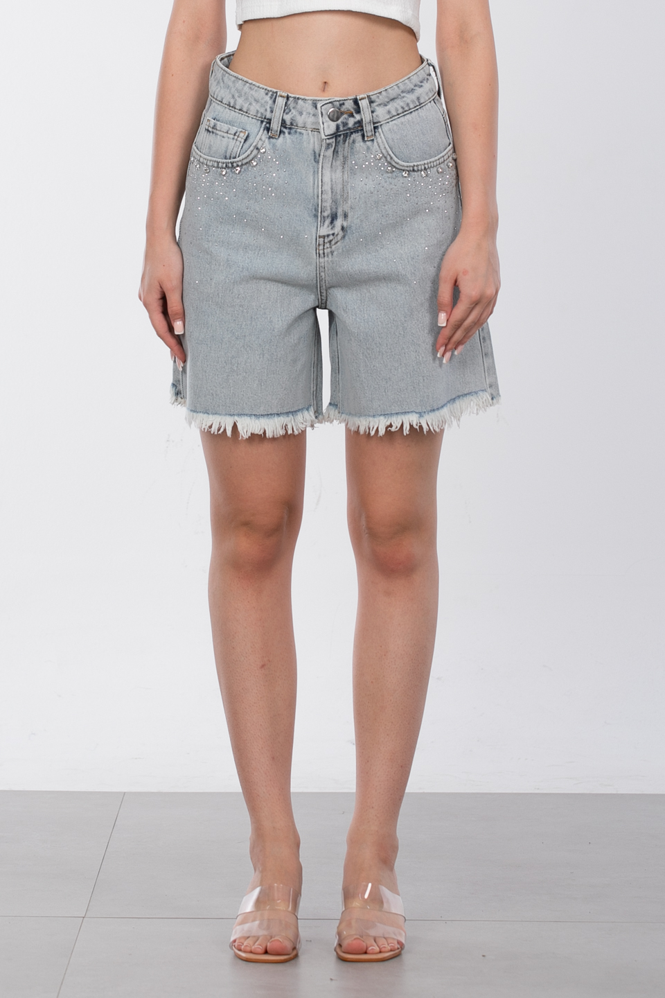Cebi taşlı denim şort-C136 Buz Mavi