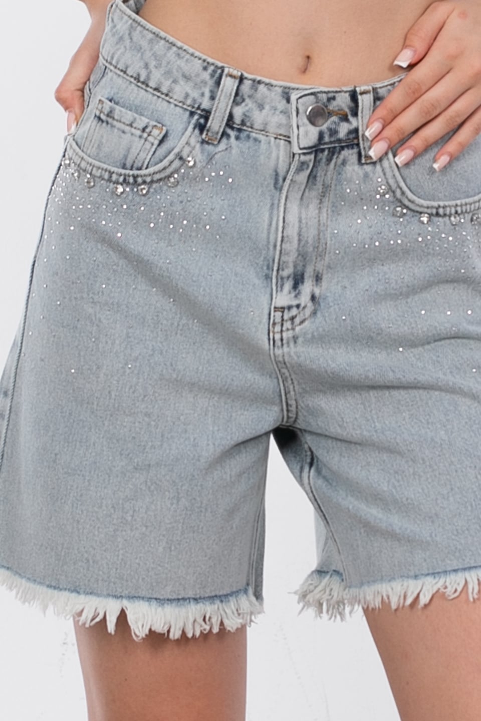 Cebi taşlı denim şort-C136 Buz Mavi