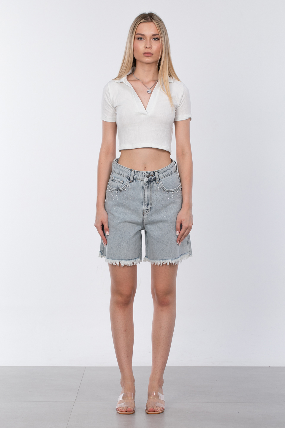 Cebi taşlı denim şort-C136 Buz Mavi