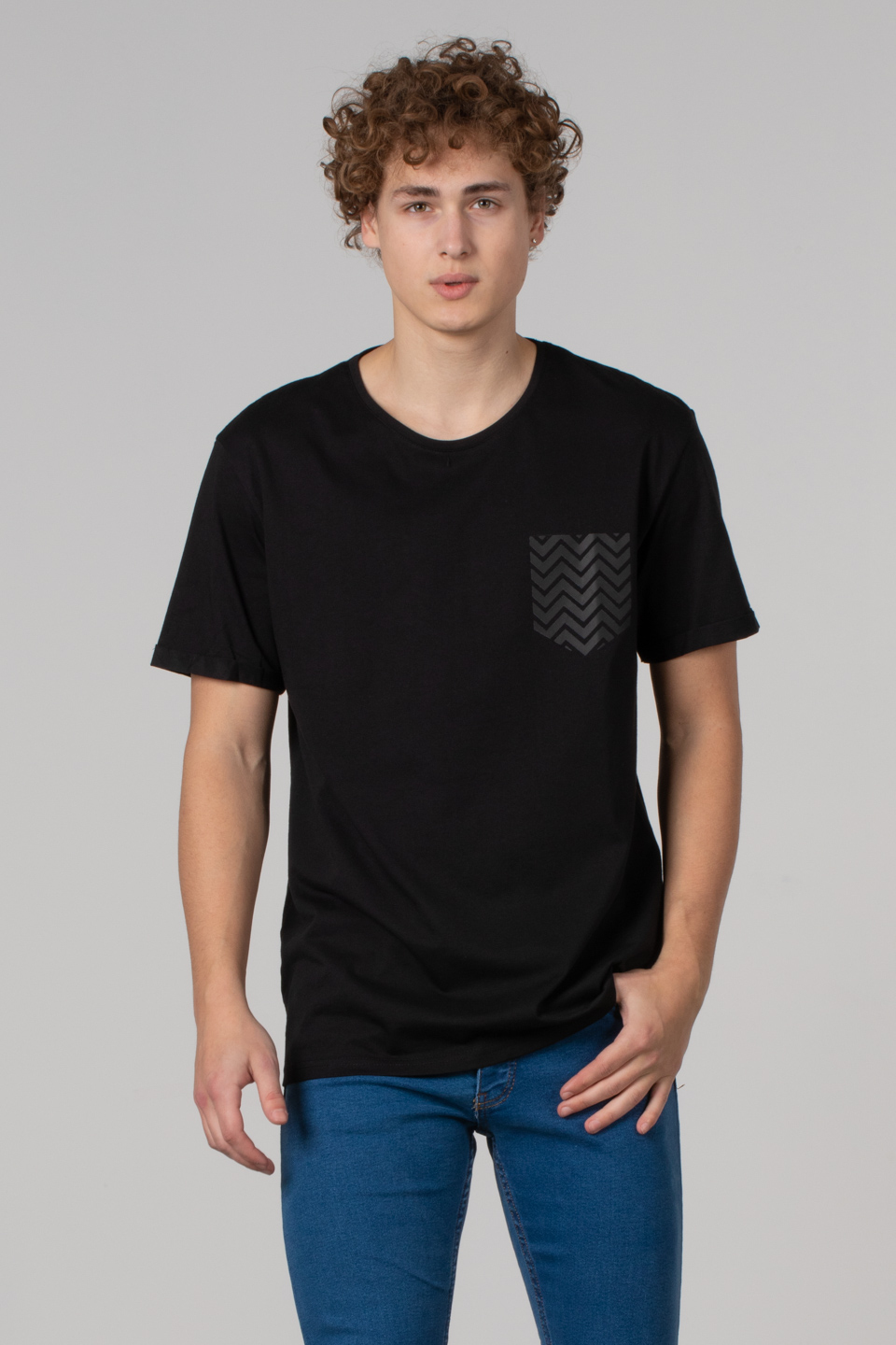 Cep zikzak baskılı t-shirt-2311 Siyah