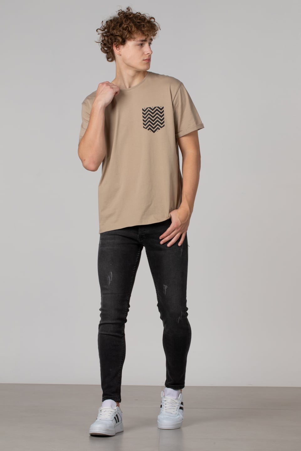 Cep zikzak baskılı t-shirt-2311 Vizon
